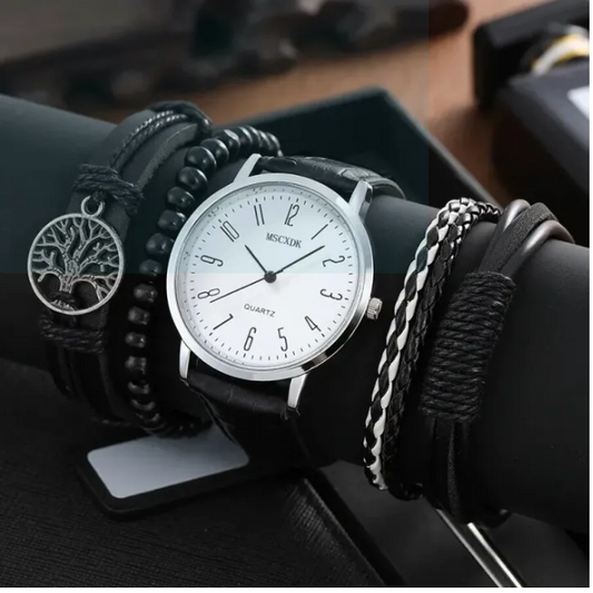 Montre en cuir pour homme plus 4 bracelets porte-bonheur