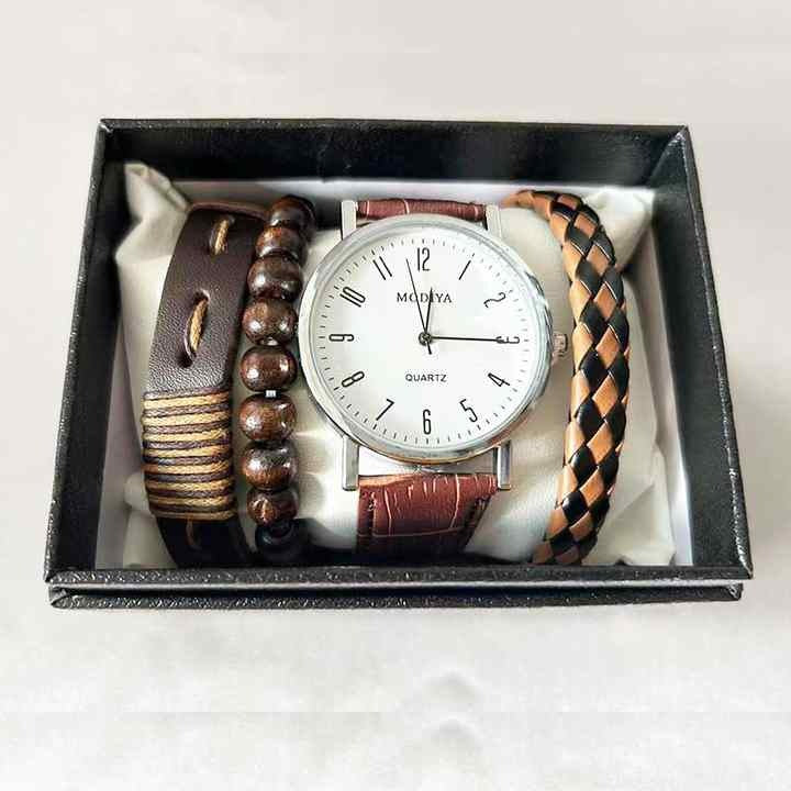 Montre en cuir pour homme plus 4 bracelets porte-bonheur