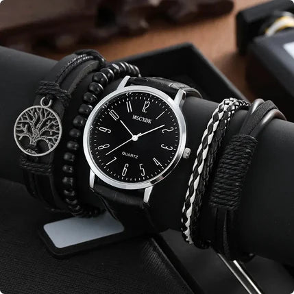 Montre en cuir pour homme plus 4 bracelets porte-bonheur